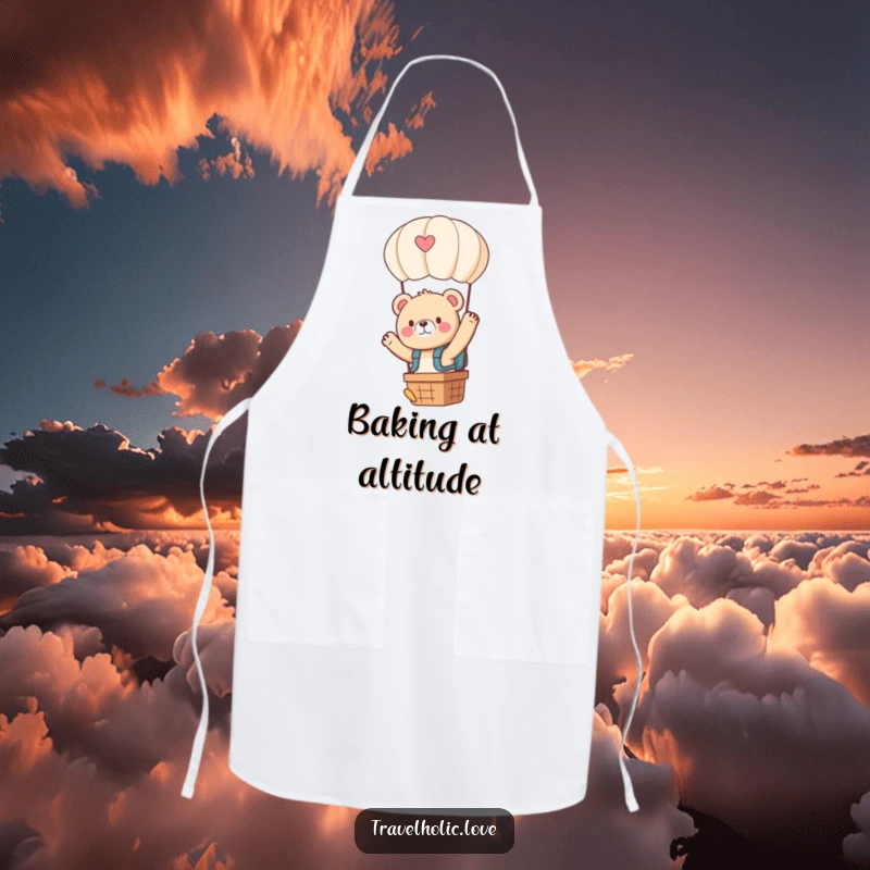 Funny kawaii bear with a tiny backpack, waving from a hot air balloon, cute and practical apron.