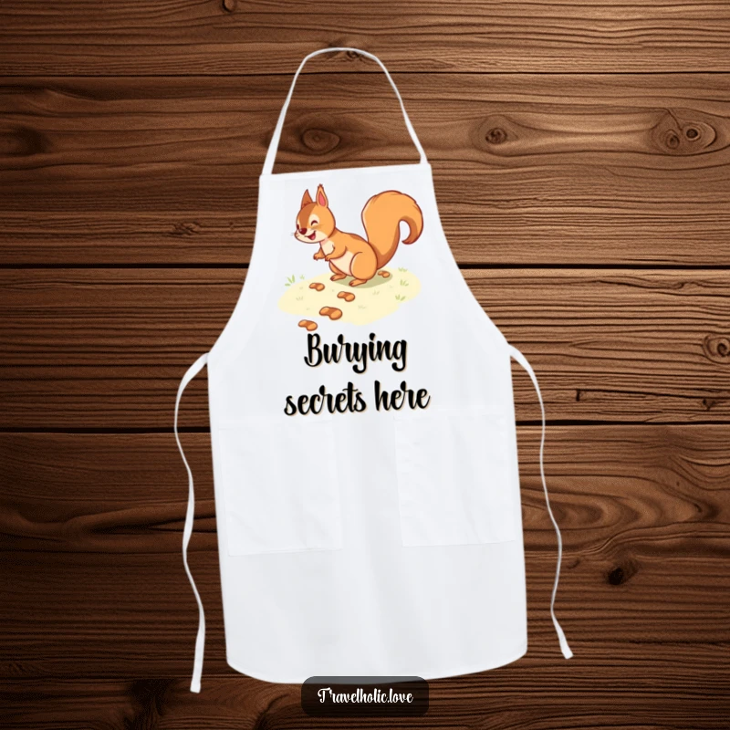 Funny squirrel navigating a winding path of tiny footprints, a humorous and practical apron for kitchen fun.