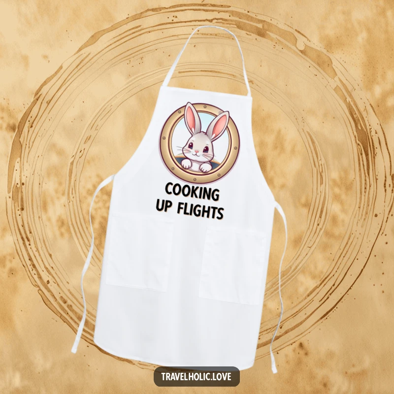 Funny bunny peeking from a vintage airplane window, a humorous and practical apron for kitchen fun.