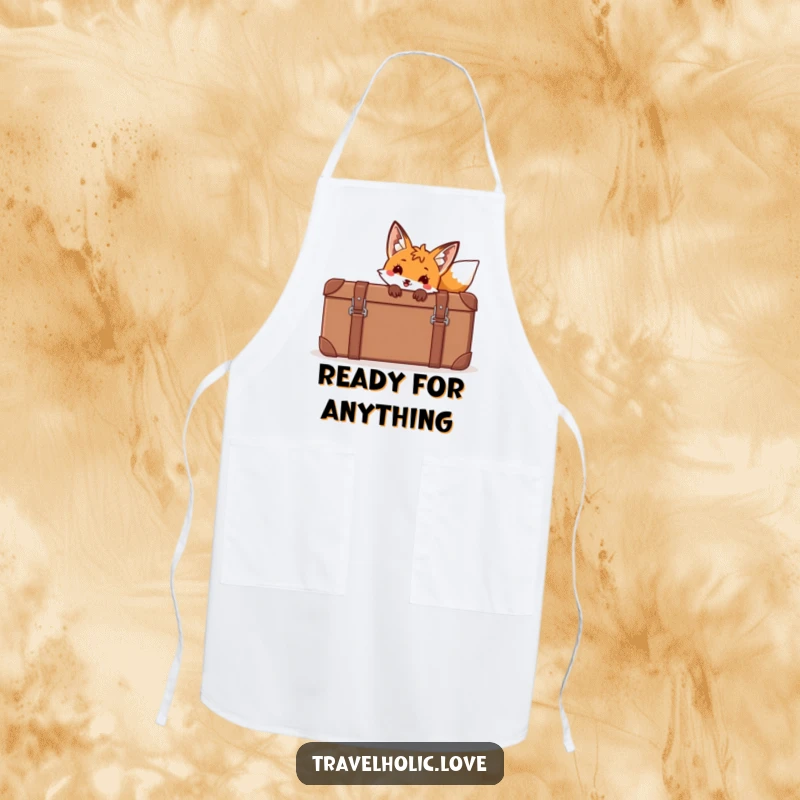 Funny fox peeking from behind a giant cartoon suitcase on a kitchen apron, ready for culinary adventures.