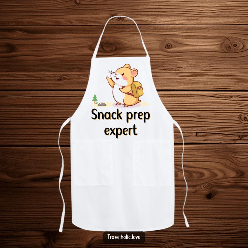 Funny Hamster Adventure Apron showing a happy hamster with a backpack pointing to a distant mountain while cooking.