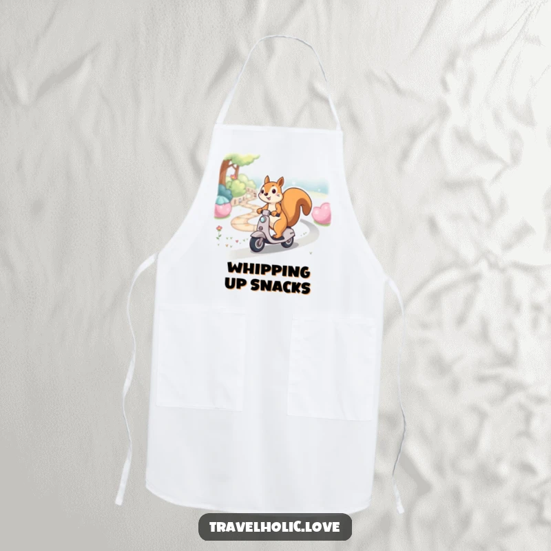 Funny kawaii squirrel gleefully riding a miniature scooter down a winding path, cute and practical apron.