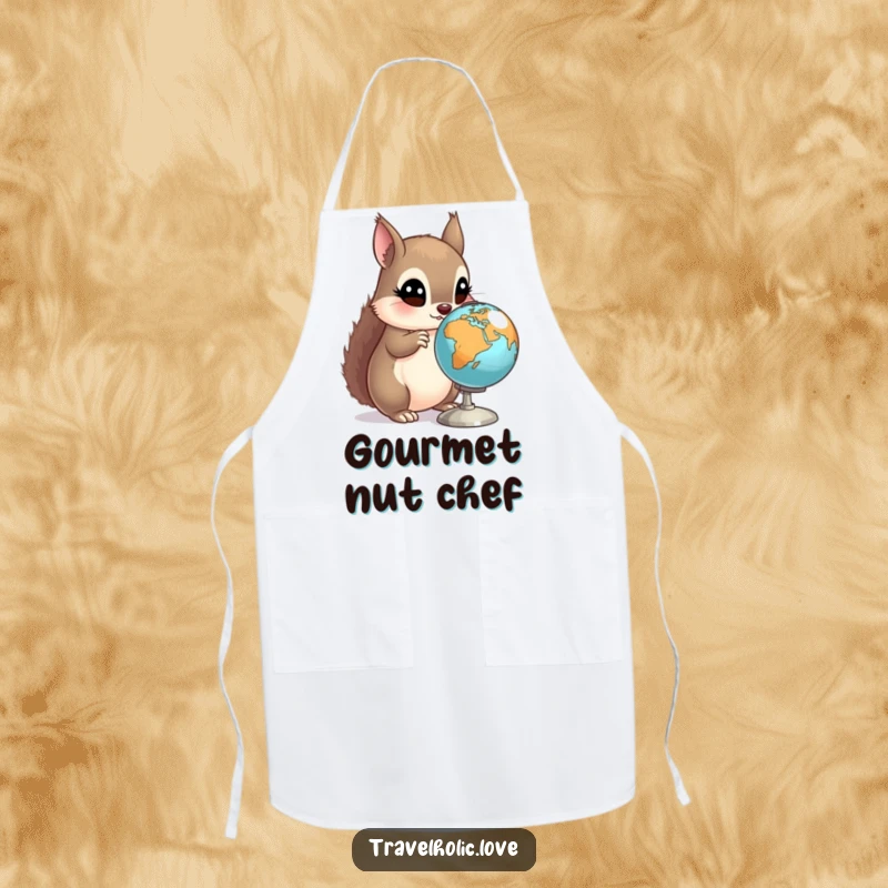 Funny Squirrel Globe Apron showing a curious squirrel examining a miniature spinning globe while cooking.