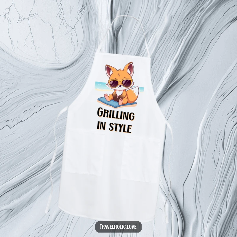Funny kawaii fox wearing oversized sunglasses, lounging on a sunny beach, cute and practical apron.
