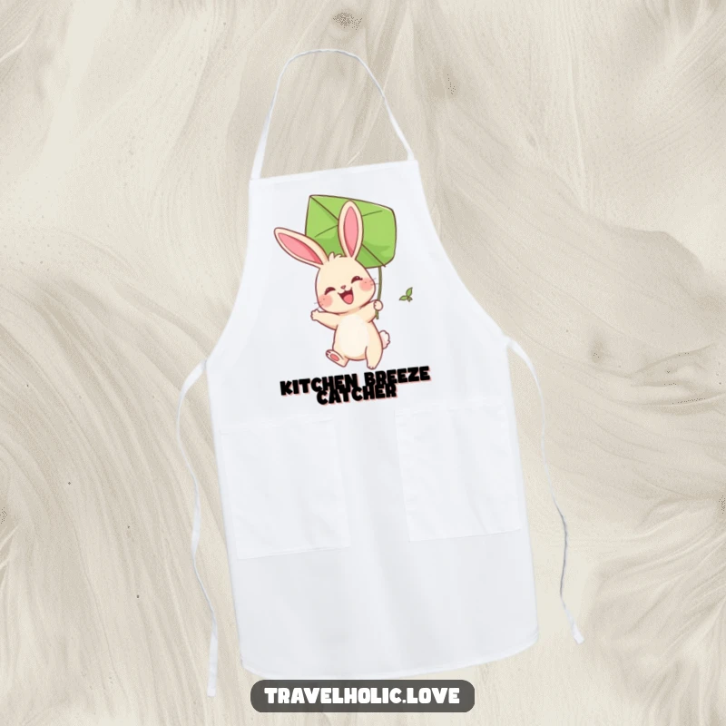 Funny Bunny Kite Apron showing a joyful bunny using a giant leaf as a kite while cooking.