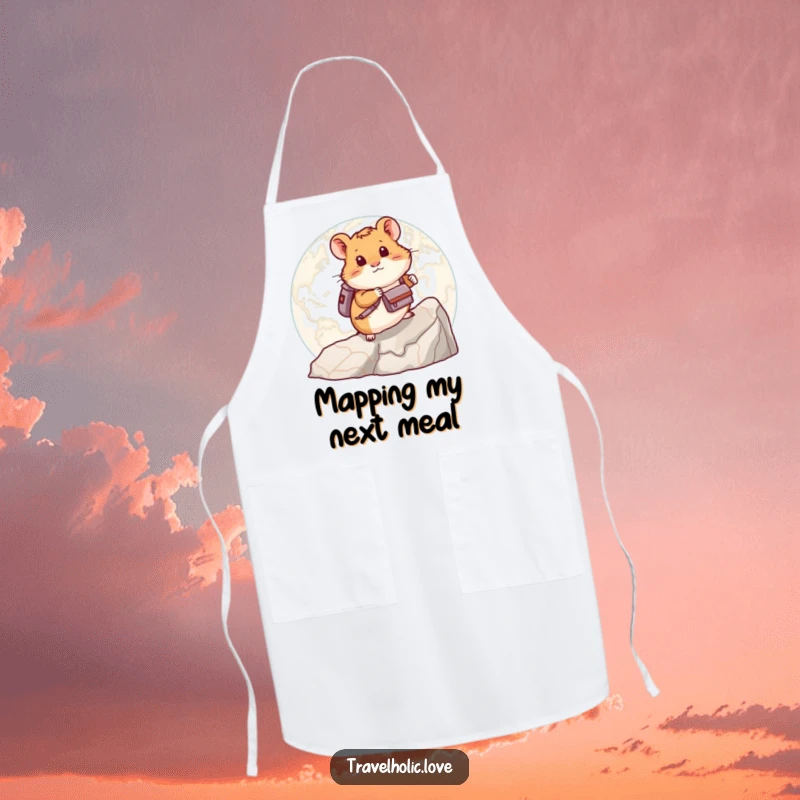 Funny hamster with a backpack, climbing a giant map, a humorous and practical apron for kitchen explorers.