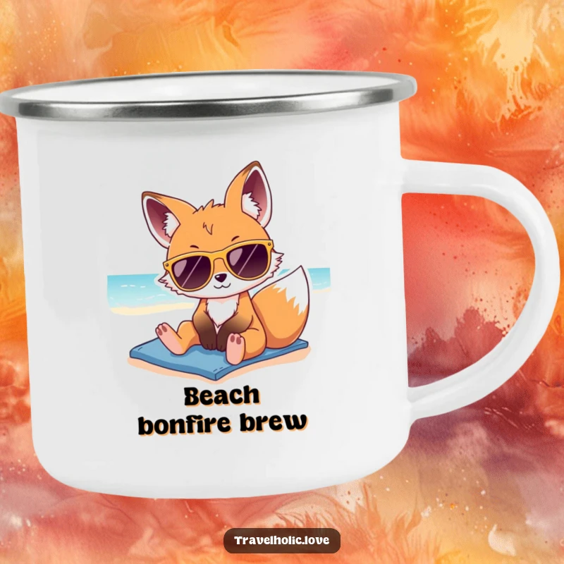 Funny kawaii fox with oversized sunglasses, lounging on a sunny beach, durable camping mug for holidays.
