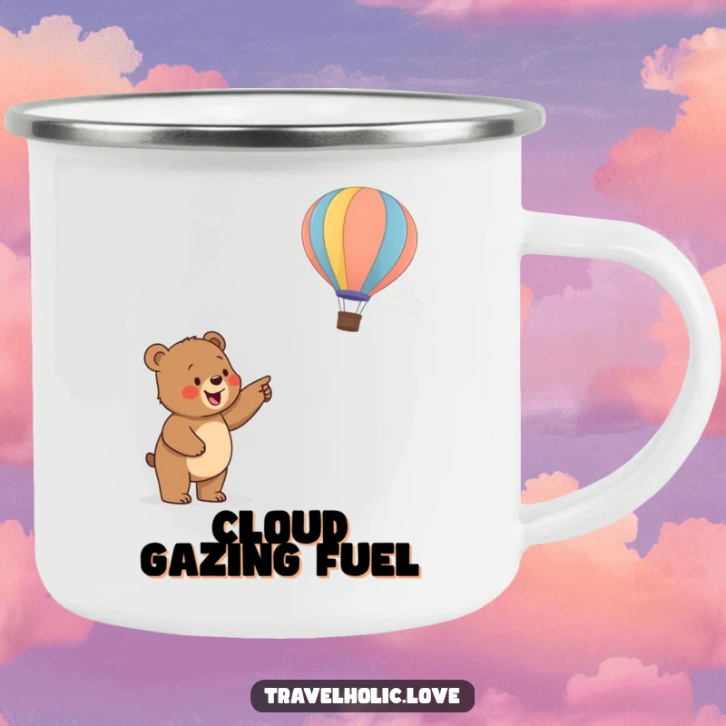 Funny bear cub pointing at a hot air balloon on a sturdy camping mug, perfect for travel humor.