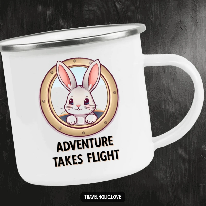 Funny bunny peeking from a vintage airplane window on a sturdy camping mug, perfect for travel humor.