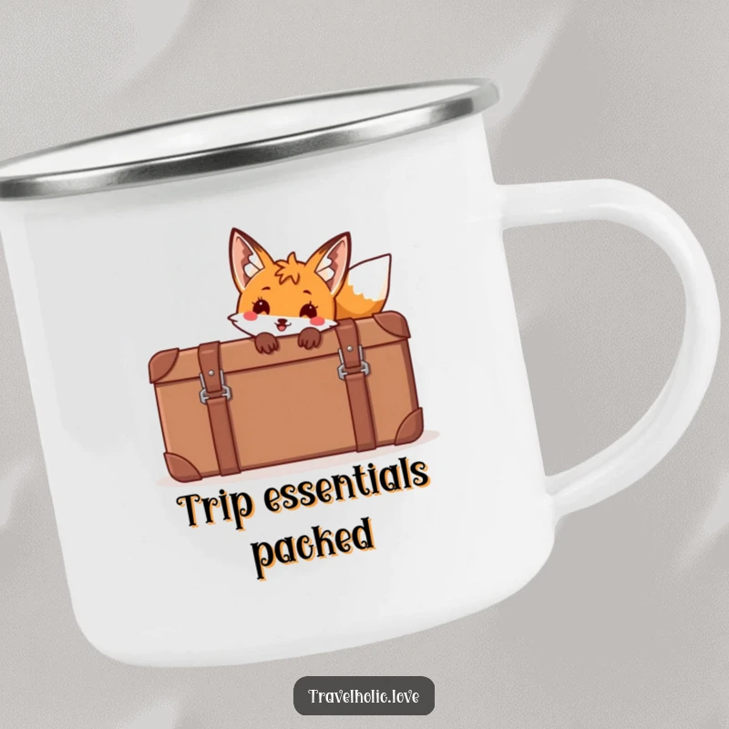Funny fox peeking from behind a giant cartoon suitcase on a durable camping mug for outdoor fun.