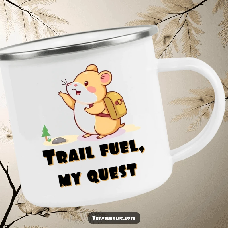 Funny Hamster Adventure Camping Mug showing a happy hamster with a backpack pointing towards a distant mountain.
