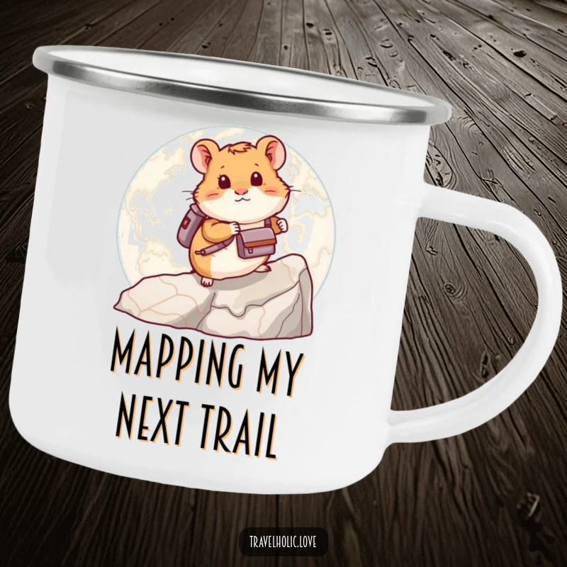 Funny hamster with a backpack climbing a large map on a durable camping mug, ideal for humorous outdoor enthusiasts.