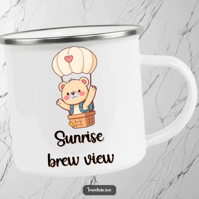 Funny kawaii bear with a tiny backpack, waving from a hot air balloon, durable camping mug for adventures.