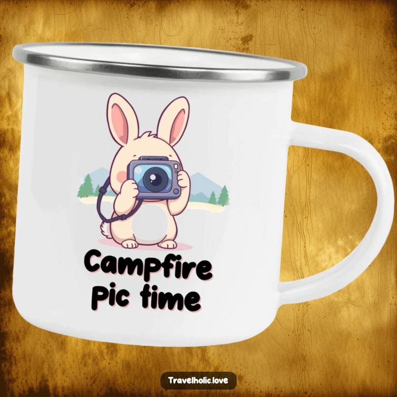 Funny kawaii rabbit with a tiny camera, taking photos of distant mountains, durable camping mug for photographers.