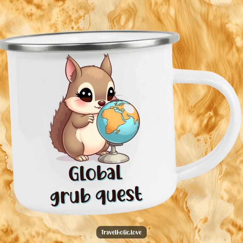 Funny Squirrel Globe Camping Mug showing a curious squirrel examining a miniature spinning globe. Great for outdoor exploration.