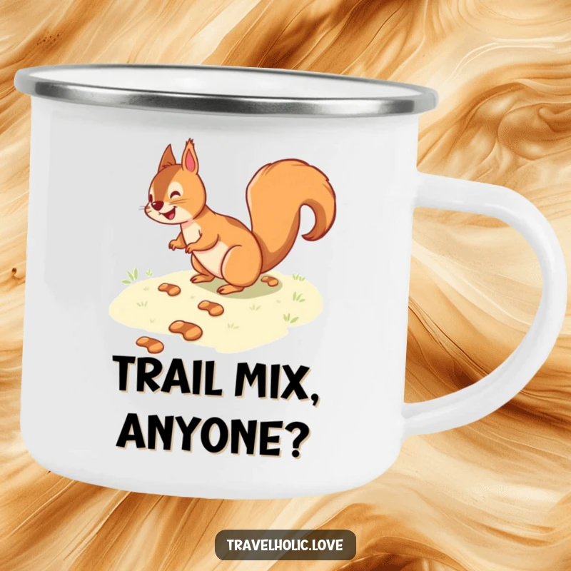Funny squirrel following a path of tiny footprints on a sturdy camping mug, perfect for outdoor humor.