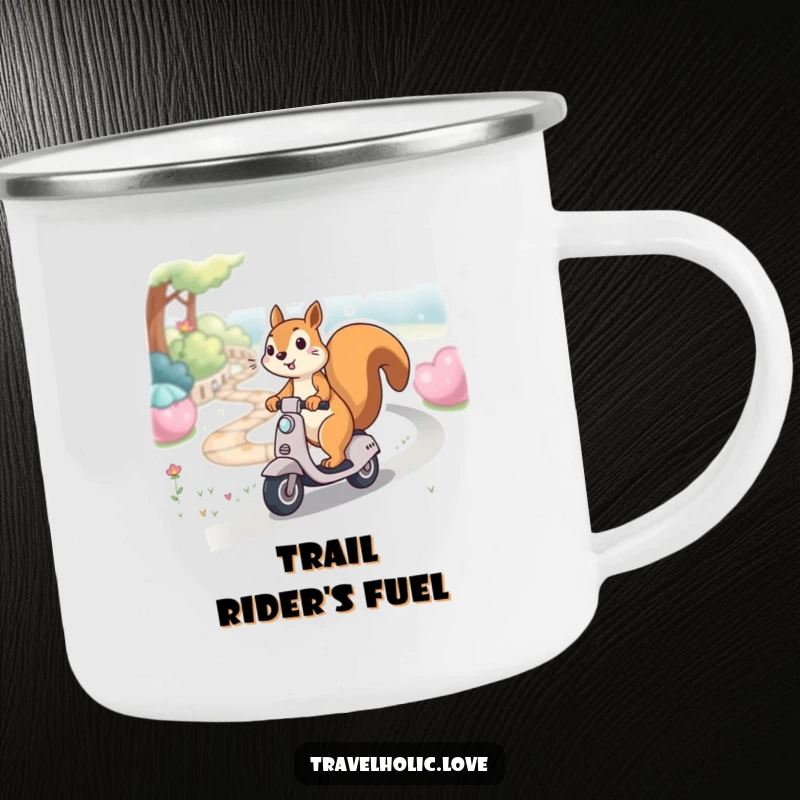 Funny kawaii squirrel gleefully riding a miniature scooter down a winding path, durable camping mug for adventures.