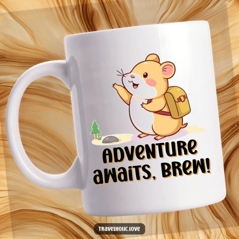 Funny Hamster Adventure Mug showing a happy hamster with a backpack excitedly pointing towards a faraway mountain.