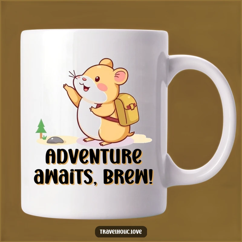 Funny Hamster Adventure Mug: Happy Explorer Pointing to Mountain, Perfect Funny Gift