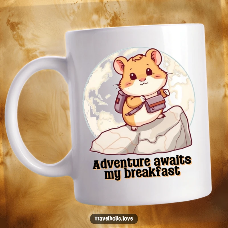 Funny cute hamster wearing a tiny backpack, joyfully climbing a huge world map, depicted on a humorous mug.