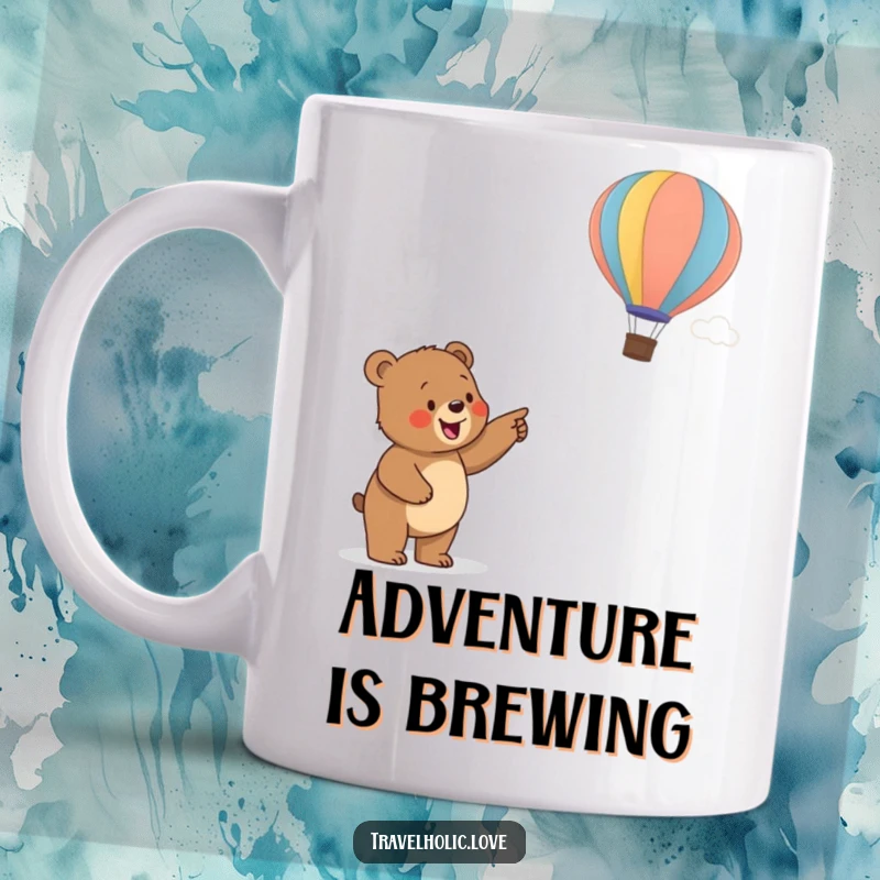 Funny happy bear cub excitedly pointing towards a colorful hot air balloon, a delightful and humorous mug design.