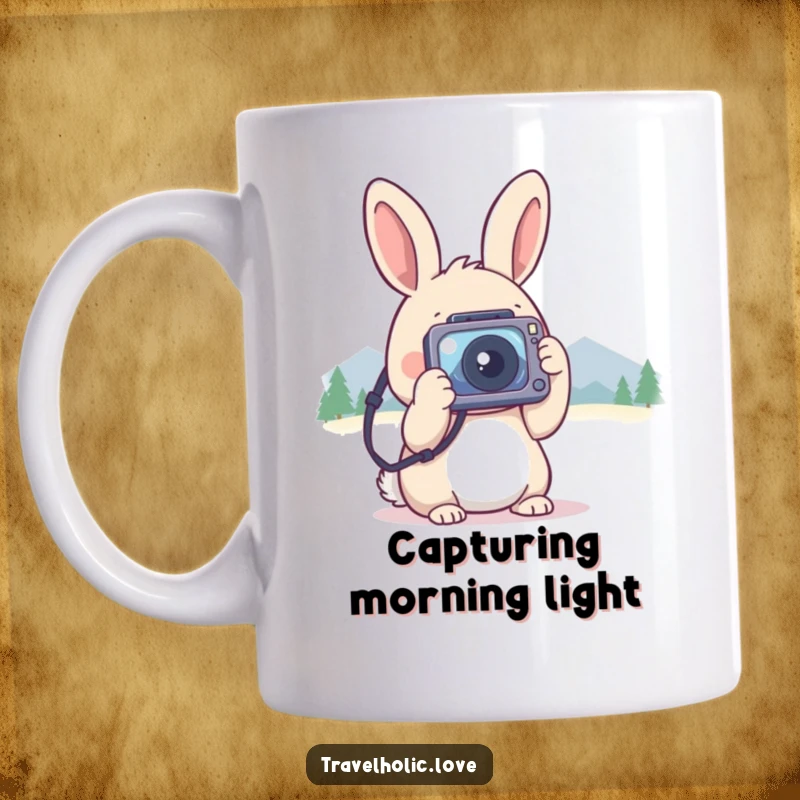 Funny kawaii rabbit with a tiny camera, taking photos of distant mountains, nature photography enthusiast mug.