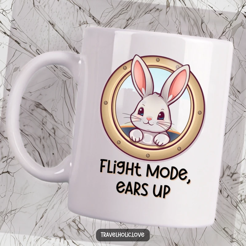 Funny curious bunny peeking out from inside a vintage airplane window, a charming and humorous mug design.