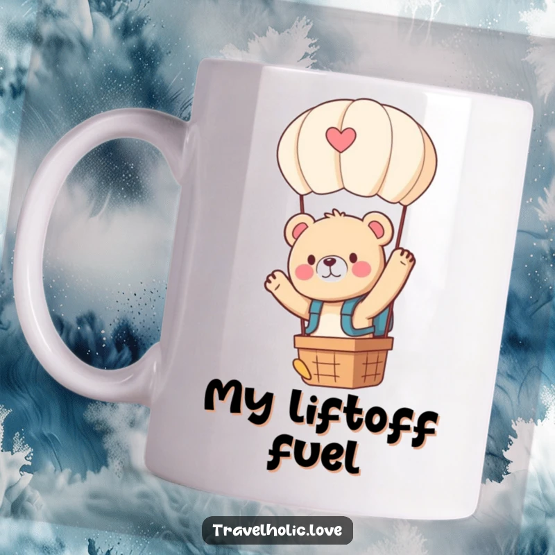 Funny kawaii bear with a tiny backpack, excitedly waving from a hot air balloon, adventurous and cheerful mug.