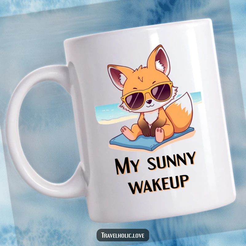 Funny kawaii fox wearing oversized sunglasses, lounging on a sunny beach, cool and relaxed vibes mug.