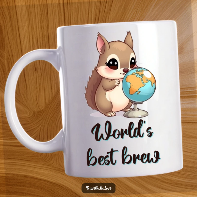 Funny Squirrel Globe Mug showing a curious squirrel with wide eyes examining a miniature spinning globe.
