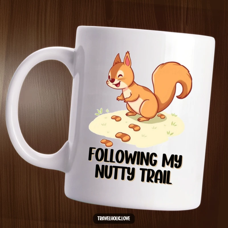 Funny playful squirrel gleefully navigating a winding path made of tiny footprints, a charming and humorous mug design.