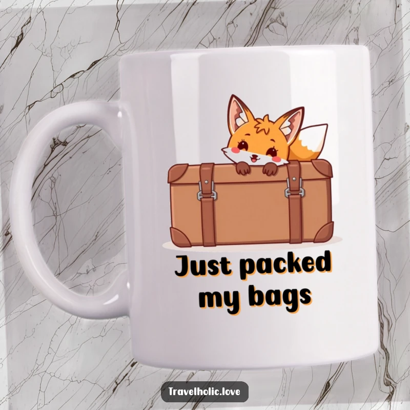 Funny fox peeking playfully from behind a giant cartoon suitcase on a mug, ready for adventure.