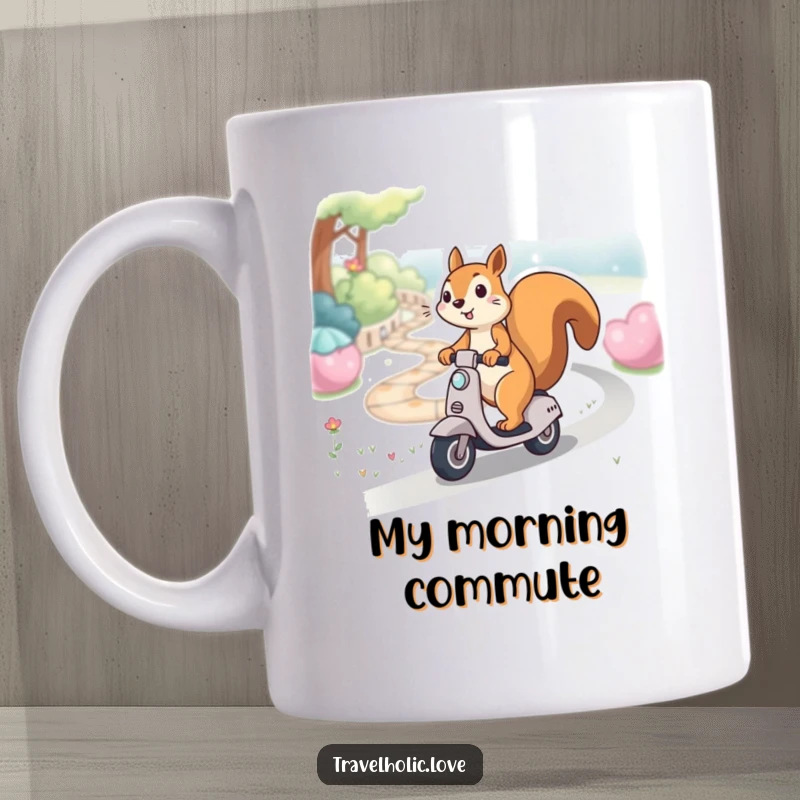 Funny kawaii squirrel gleefully riding a miniature scooter down a winding path, energetic and cheerful mug.