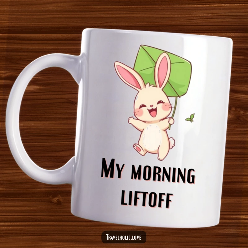 Funny Bunny Kite Mug showing a joyful bunny using a giant leaf as a kite, soaring happily through the air.