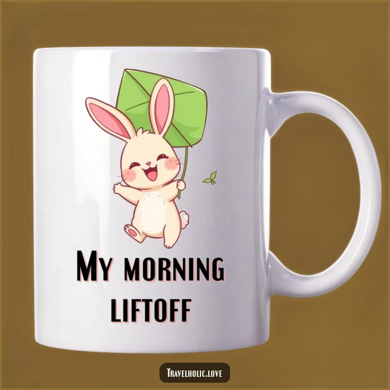Funny Bunny Kite Mug: Joyful Rabbit Flying Leaf Kite, Whimsical Funny Gift