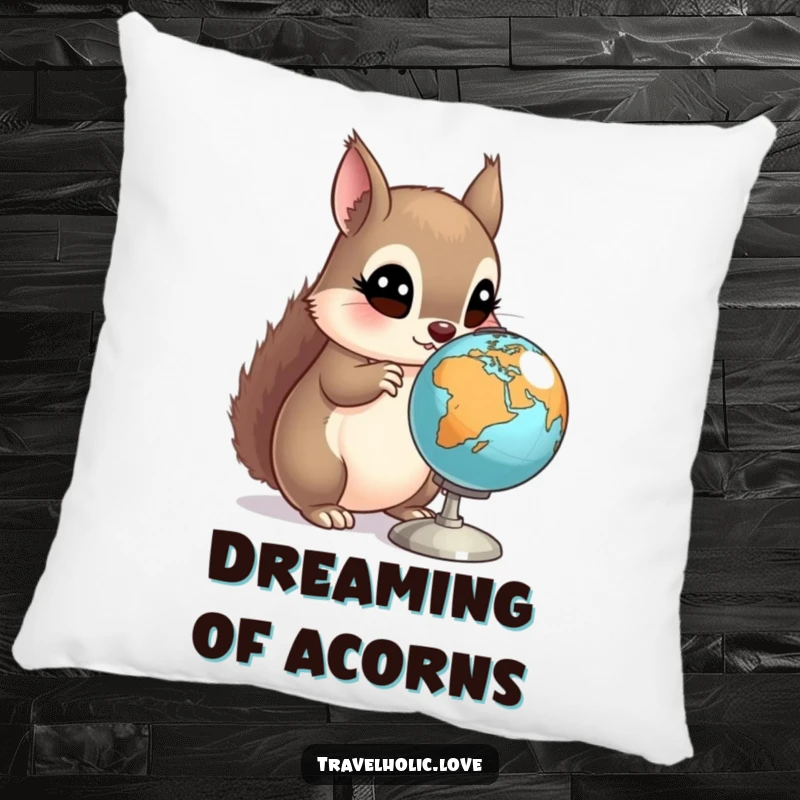 Funny Squirrel Globe Pillow featuring a curious squirrel with wide eyes examining a miniature spinning globe. Soft and humorous.