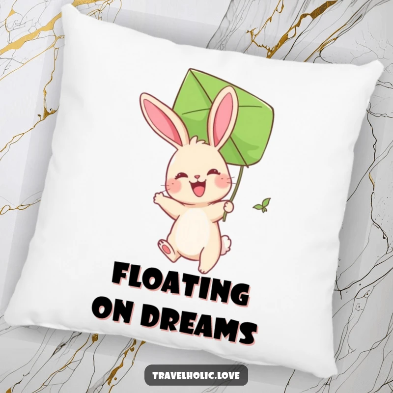 Funny Bunny Kite Pillow featuring a joyful bunny soaring with a leaf kite. Soft, cozy, and humorous.