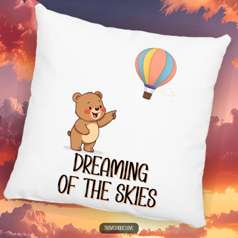 Funny bear cub pointing at a hot air balloon, a soft and humorous decorative pillow for a cozy ambiance.