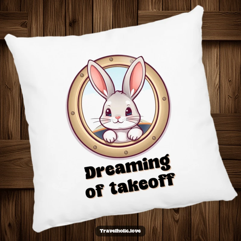 Funny bunny peeking from a vintage airplane window, a soft and humorous decorative pillow for a cozy ambiance.