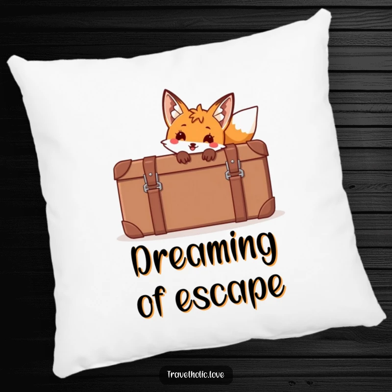 Funny fox peeking from behind a huge cartoon suitcase on a soft pillow, adding humor to decor.