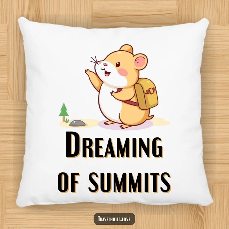 Funny Hamster Adventure Pillow featuring a happy hamster with a backpack pointing towards a distant mountain.
