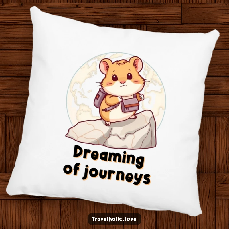 Funny hamster wearing a backpack, climbing a large map, a soft and humorous pillow for cozy adventurers.