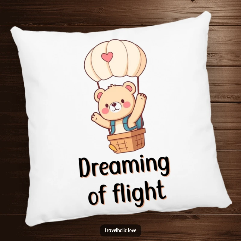 Funny kawaii bear with a tiny backpack, waving from a hot air balloon, soft and decorative pillow.