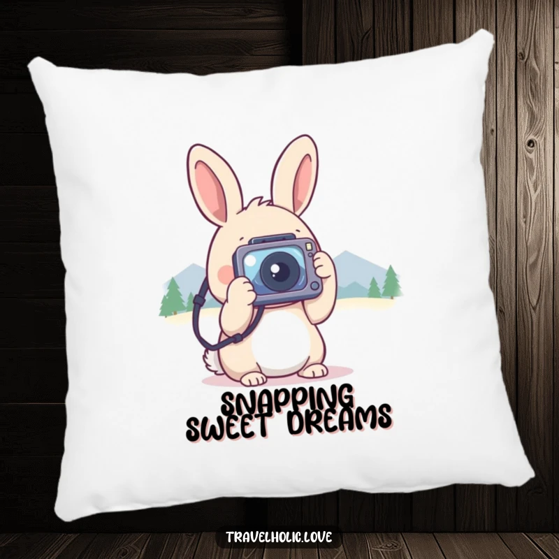 Funny kawaii rabbit with a tiny camera, taking photos of distant mountains, soft and decorative pillow.