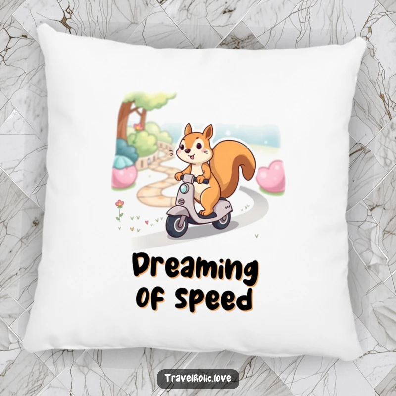 Funny kawaii squirrel gleefully riding a miniature scooter down a winding path, soft and decorative pillow.