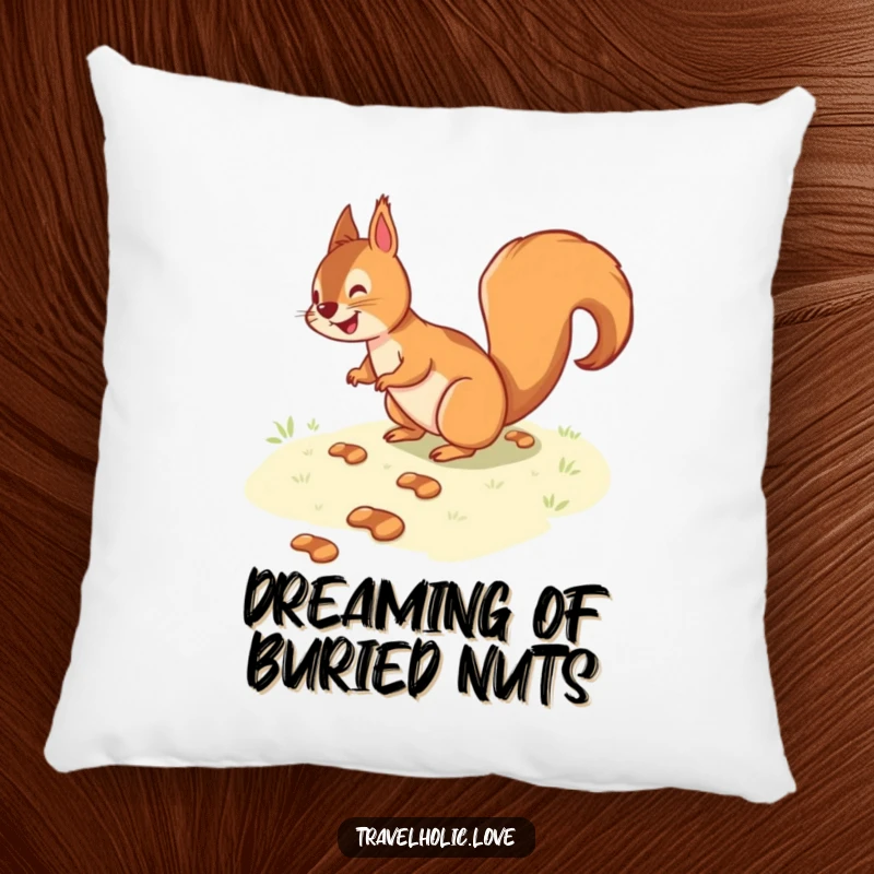 Funny squirrel following a path of tiny footprints, a soft and humorous decorative pillow for a cozy ambiance.