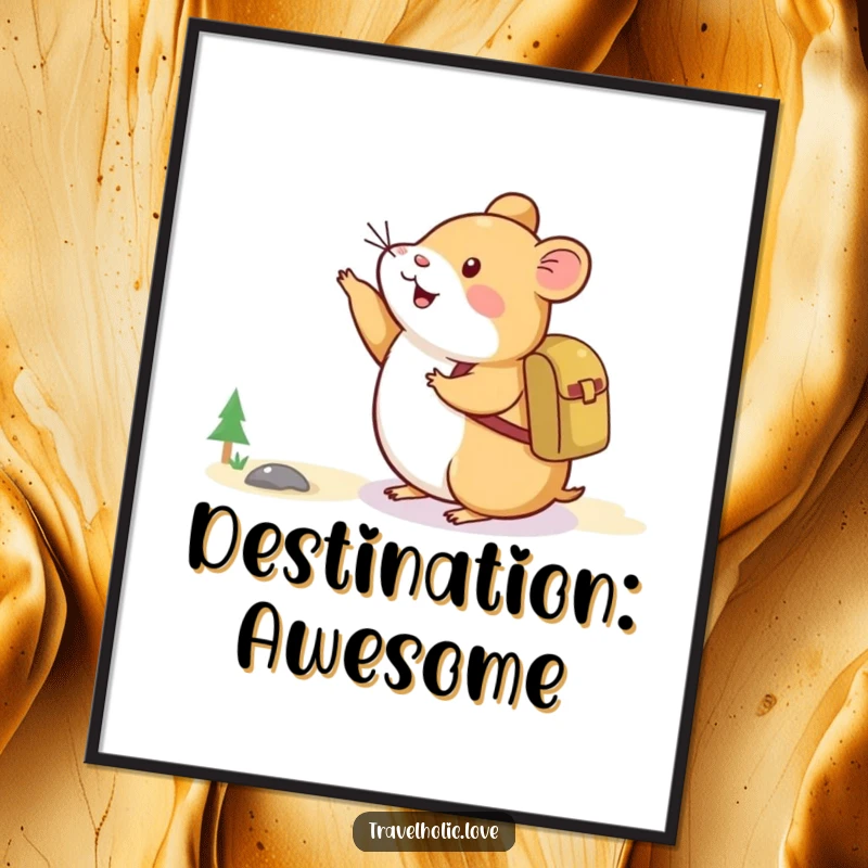 Funny Hamster Adventure Digital Art Print showing a happy hamster with a backpack pointing excitedly at a distant mountain.