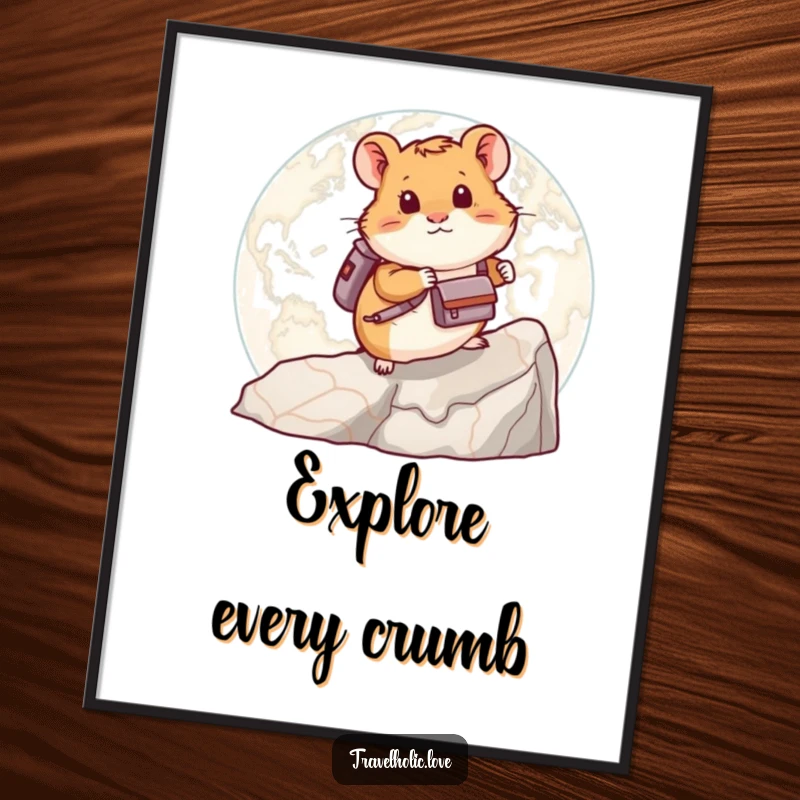 Funny hamster with a backpack climbing a huge map, humorous digital art print for instant wall decor.