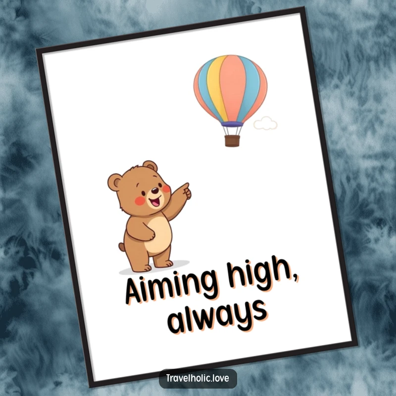 Funny bear cub pointing at a colorful hot air balloon, humorous digital art print for instant wall decor.