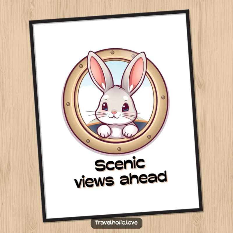 Funny bunny peeking from a vintage airplane window, humorous digital art print for instant wall decor.